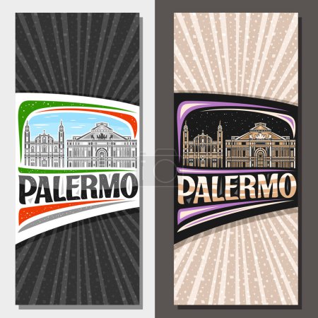 Diseños verticales vectoriales para Palermo, folleto decorativo con ilustración del paisaje palermo europeo de la ciudad en el día y el fondo del cielo del atardecer, tarjeta turística de diseño de arte con letras únicas para palermo palabra