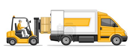 Vector illustration of Loading Truck, horizontal header with profile side view forklift load pallet with cardboard boxes in delivery truck, postal lorry truck with yellow cabin on white background