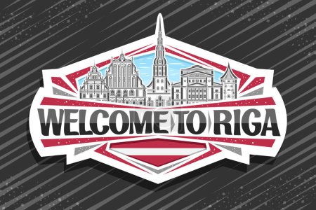 Vector-Logo für Riga, weißes dekoratives Etikett mit Umrissen der berühmten detaillierten Rigaer Stadtlandschaft auf Tageshimmel-Hintergrund, Linienkunst-Design Kühlschrankmagnet mit schwarzen Worten Willkommen in Riga