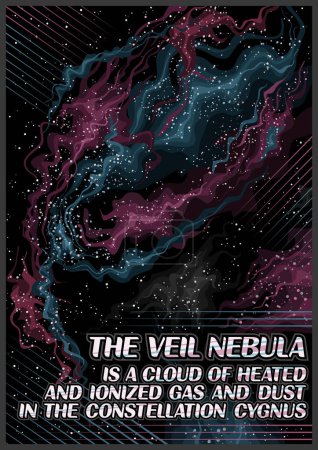 Vector Poster for Space Veil Nebula, vertical banner with illustration of heated and ionized diffuse material on black starry space background, decorative a4 cosmo booklet with text the veil nebula