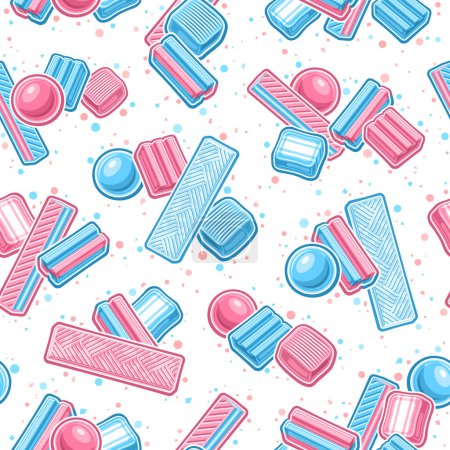 Modèle sans couture Bubble Gum vectoriel, fond répété fantaisie avec illustration de différentes gommes à bulles et bonbons mous pour le linge de lit, affiche carrée avec groupe de bonbons plats laïcs sur fond blanc
