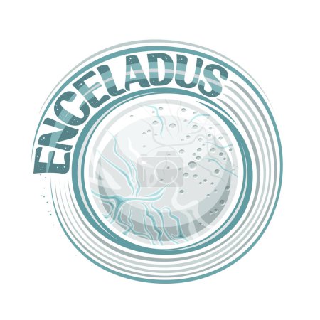 Vector logo for Enceladus Moon, decorative cosmo print with rotating satellite with craters on ice crust surface, space sticker with unique brush lettering for blue text enceladus on white background