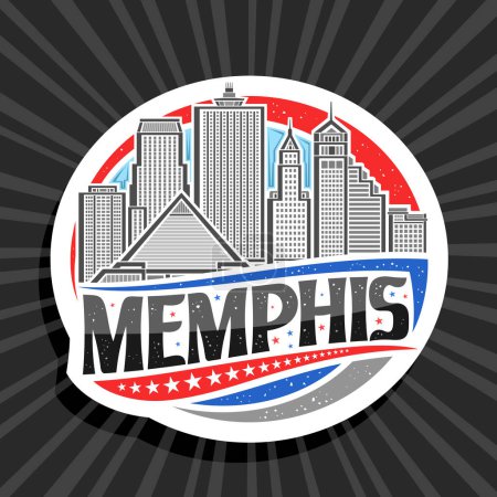 Vector logo for Memphis, white decorative round tag with line illustration of famous memphis city scape on day sky background, art design refrigerator magnet with unique letters for black text memphis