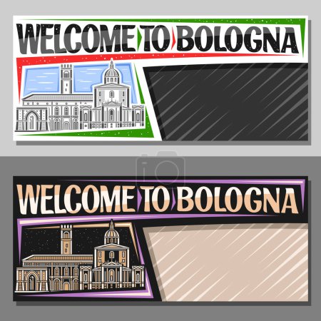 Vector voucher for Bologna with copy space, decorative layout with illustration of european bologna city scape on day and dusk sky background, art design tourist card with words welcome to bologna