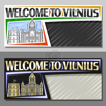 Banner vectorial para Vilnius con espacio para copias, diseño decorativo con ilustración en línea del famoso paisaje de la ciudad vilnius en el día y el fondo del cielo al atardecer, tarjeta turística de diseño de arte con palabras bienvenidas a vilnius