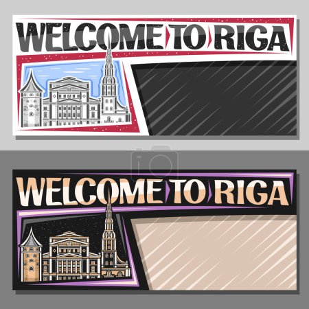 Vektorlayouts für Riga mit Kopierraum, dekorative Vorlage mit Illustration der berühmten europäischen Rigaer Stadtlandschaft am Tag und Abendhimmel, Art Design Touristengutschein mit Worten Willkommen in Riga