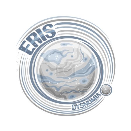 Téléchargez les illustrations : Logo vectoriel pour la planète naine Eris, imprimé décoratif cosmo avec lune Dysnomia tournant autour de la planète bleue rock, étiquette ronde cosmo avec des lettres uniques pour les mots gris eris et dysnomia sur fond blanc - en licence libre de droit