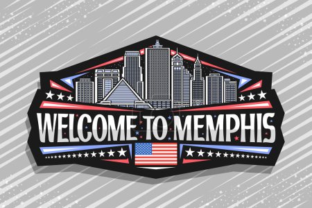 Logo vectoriel pour Memphis, étiquette décorative noire avec illustration en ligne du paysage urbain moderne de memphis sur fond de ciel nocturne, aimant de réfrigérateur de conception d'art avec des mots bienvenus à memphis