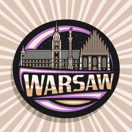 Logo vectoriel pour Varsovie, étiquette décorative avec illustration en ligne du célèbre paysage urbain de la scie à glace européenne sur fond de ciel nocturne, aimant de réfrigérateur design d'art avec police de pinceau unique pour la scie à métaux texte