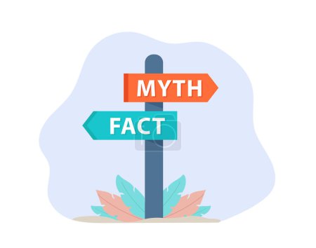 Señal de tráfico con palabras Mitos vs hechos, información verdadera o falsa, noticias falsas o ficticias, conocimiento de la realidad versus mitología.