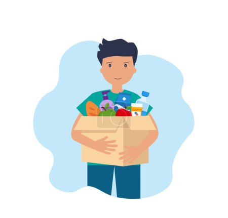Téléchargez les illustrations : Le jeune homme porte une boîte de nourriture. Aide sociale, bénévolat et concept de charité. - en licence libre de droit
