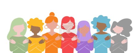 Téléchargez les illustrations : Womans international day. Diverse people face together. Embrace Equity - en licence libre de droit