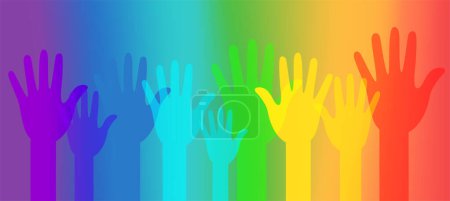 Téléchargez les illustrations : Fond dégradé de fierté avec couleurs du drapeau LGBTQ Pride et mains humaines - en licence libre de droit