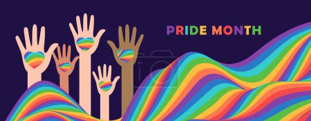 Téléchargez les illustrations : Bannière du Mois de la fierté LGBT. Couleur de forme d'onde arc-en-ciel et mains humaines. Toile de fond tendance pour bannière, affiche, dépliant, site web - en licence libre de droit