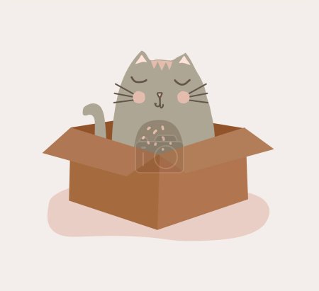 Illustration for Cute cat inside box. Funny kitty sitting in cardboard package. - Royalty Free Image