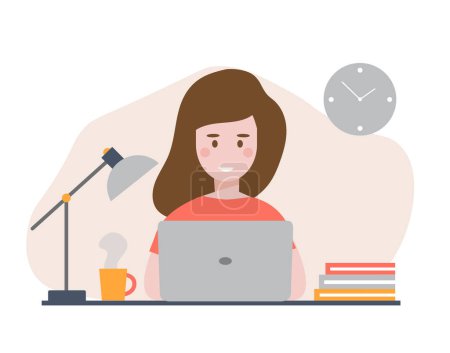 Ilustración de Mujer trabajando con el ordenador portátil. Oficinista, empleado, ilustración vectorial - Imagen libre de derechos