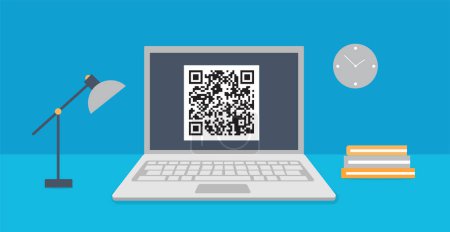 Illustration for Qr code on laptop screen for getting information or cashless online payment - Royalty Free Image