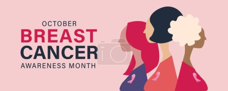 Ilustración de Mes de concienciación sobre el cáncer de mama para la campaña de prevención de enfermedades, y diversos grupos étnicos de mujeres con símbolo de cinta de apoyo rosa en el pecho - Imagen libre de derechos
