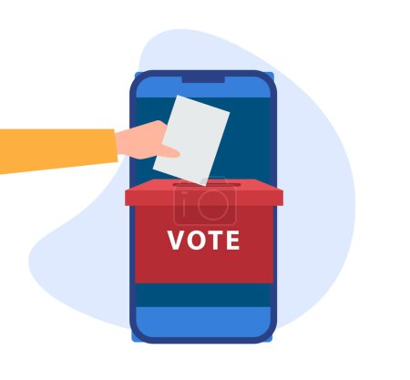 Téléchargez les illustrations : Concept de vote en ligne avec la main mettant le papier de vote dans l'urne sur le téléphone mobile - en licence libre de droit