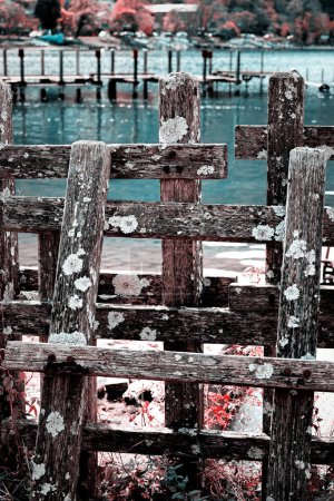 Photo for Old dilapidated wooden fence on the jetty by the lake shore - Royalty Free Image