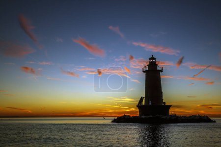 West bank lighthouse at sunrise, Hudson bay, New York, USA