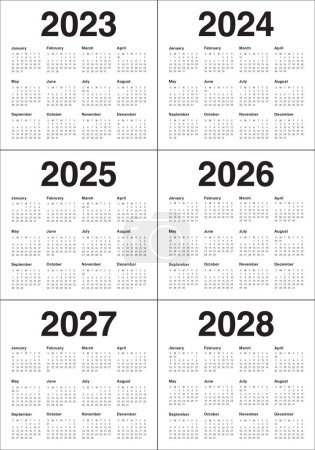2023 2024 2025 2026 2027 2028 calendar year vector design template, simple and clean design