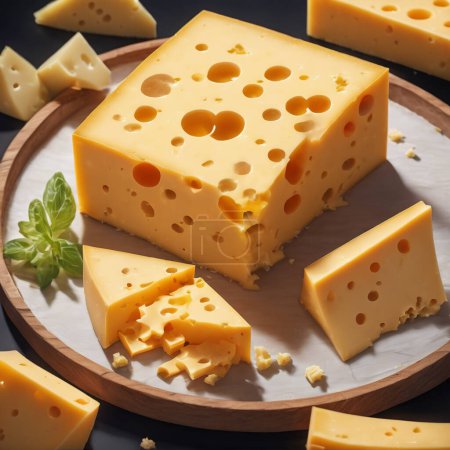 Foto de Foto de delicioso queso con una ramita de hierbas, que se encuentran en un plato de madera, y hay pequeños trozos de queso alrededor. - Imagen libre de derechos