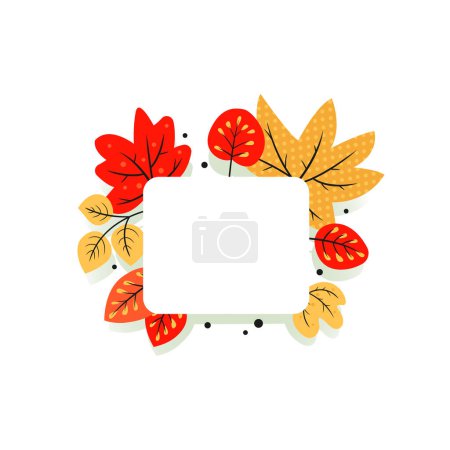 Téléchargez les illustrations : Cadre carré blanc avec feuilles d'automne dans un style plat dessin animé. Élément de design coloré avec espace vide pour votre texte. - en licence libre de droit