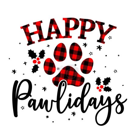 Illustration for Happy pawlidays (Holidays)- Paw print shaped dog or cat paw prints for gift tag. Hand drawn footprints for Xmas greetings cards, invitations. Good for t-shirt, mug, scrap booking, gift, printing press - Royalty Free Image