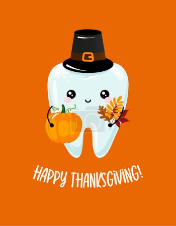 Illustration for Happy Thanksgiving - Tooth family character design in kawaii style. Hand drawn Toothfairy with funny quote. Good for school prevention posters, greeting cards, banners, textiles. - Royalty Free Image