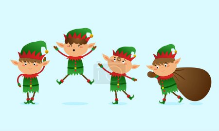 Ilustración de Elfos de Navidad - pequeños ayudantes de Santa en estilo de dibujos animados. Feliz Navidad y feliz año nuevo. Personajes divertidos en el taller de Santa. - Imagen libre de derechos
