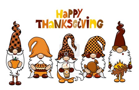 Happy Thanksgiving gnomes with autumn pumpkin. Nordic magic dwarf. Cute holidays Elf with hat. Vector illustration for Harvest, Happy Thanksgiving. I love Fall day.