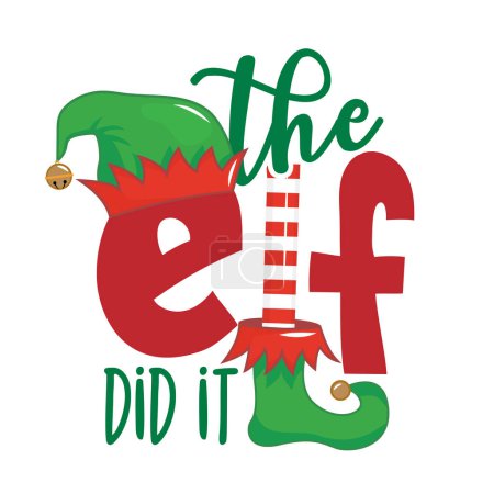 Illustration for The Elf did it - phrase for Christmas clothes or ugly sweaters. Hand drawn lettering for Xmas greetings cards, invitations. Good for shirts, mug, gift tag, printing press. Little Elf explaining. - Royalty Free Image
