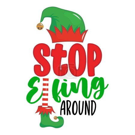 Illustration for Stop elfing around - phrase for Christmas clothes or ugly sweaters. Hand drawn lettering for Xmas greetings cards, invitations. Good for shirts, mug, gift tag, printing press. Little Elf explaining - Royalty Free Image