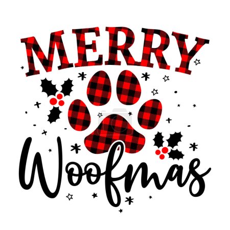 Illustration for Merry Woofmas (Christmas) - Paw print shaped dog or cat paw prints for gift tag. Hand drawn footprints for Xmas greetings cards, invitations. Good for t-shirt, mug, scrap booking, gift, printing press - Royalty Free Image