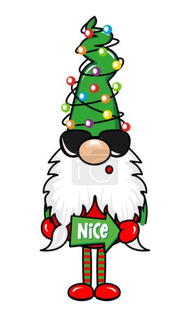 Illustration for Adorable Christmas gnome tangled the christmas lights - gnome with nice word. Nordic magic dwarf. Cute holidays Elf with hat. Vector illustration for Winter holidays and happy new year. - Royalty Free Image