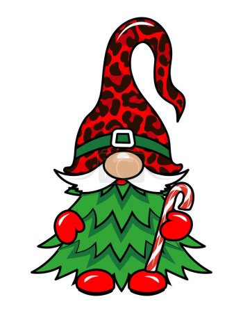 Illustration for Adorable Christmas gnome with Christmas tree - gnome with candy cane. Nordic magic dwarf. Cute holidays Elf with hat. Vector illustration for Winter holidays and happy new year. - Royalty Free Image