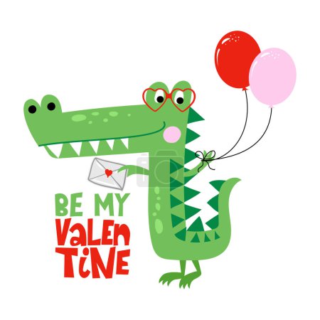 Illustration for Be my Valentine - Cute Funny hand drawn doodle with crocodile in love. Cartoon alligators. Good for Valentine's Day card. Vector hand drawn illustration. - Royalty Free Image