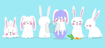Lindos conejitos con cáscara de huevo y huevos para incubar. Divertido conejito de Pascua en varias poses. Divertida y educativa ilustración para niños. Feliz Pascua