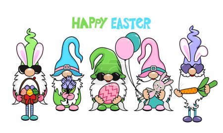 Happy Easter Day gnomes with bunny ears and eggshell. Nordic magic dwarf. Cute holidays Elf with easter eggs. Vector illustration for Spring Days decoration.