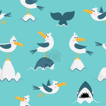 Illustration for Cute seagulls, whale and shark pattern - funny vector drawing seamless marine pattern. Creative nautical blue background. Vector illustration - Royalty Free Image