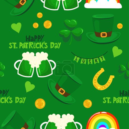 Illustration for Saint Patrick's Day pattern with green hats. Irish leprechaun shenanigans lucky charm clover funny quote. Kiss me, I am Irish. Colorful print for poster, card, textiles, wallpaper, backgrounds. - Royalty Free Image