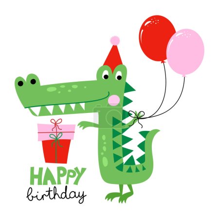 Happy Birthday - funny hand drawn doodle, cartoon crocodile. Good for Poster or t-shirt textile graphic design. Vector hand drawn illustration. Crocodile Birthday Party.