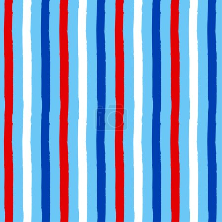 Ilustración de Diseño de patrón de rayas en los colores de EE.UU. dibujo divertido patrón de líneas sin costura. Poster o camiseta de diseño gráfico textil. papel pintado, papel de envolver. Feliz Día de la Independencia. Rojo, blanco y azul - Imagen libre de derechos