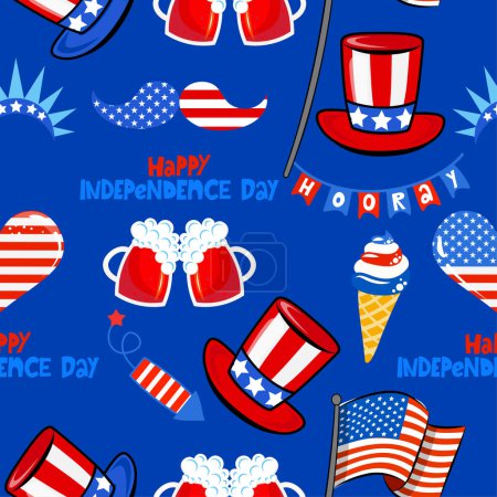 Illustration for Happy Independence Day pattern with USA symbols - funny drawing seamless pattern. wallpaper, wrapping paper. Happy Independence Day. Red, white and blue - Royalty Free Image