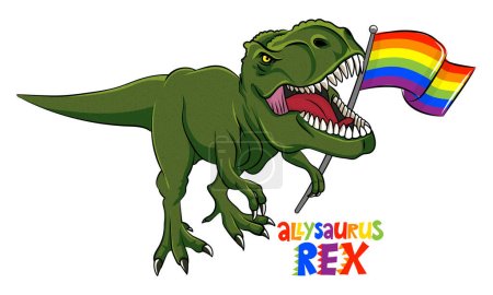 Téléchargez les illustrations : Allysaurus rex - T rex tyrannosaurus avec drapeau arc-en-ciel. Mignon sourire heureux dinosaure avec symbole de fierté. Dino personnage dans le style de dessin animé. Joyeux Mois de la fierté ! Bon pour t-shirt, tasse, cadeau. - en licence libre de droit