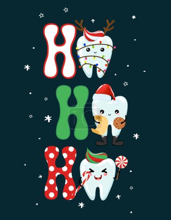 Merry Christmas - Tooth team characters in kawaii style. Hand drawn teeth with funny clothes. Good for school prevention poster, greeting card, banner, textile.