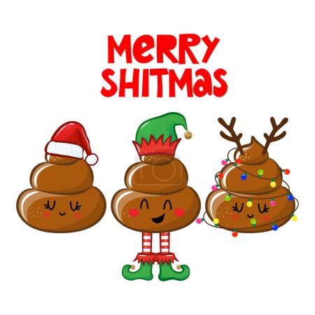 Merry ShitMas and Crappy New Year - Cute smiling happy poop in Chritsmas tree costume with funny quote. Vector flat cartoon character in kawaii style. Xmas poop, shit character. For t-shirt, mug, gift