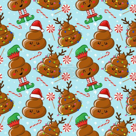Illustration for Christmas Poop pattern design with several feces - funny hand drawn doodle, seamless pattern. Adorable Xmas characters. Hand drawn doodle set for kids. Good for textile, nursery, wallpaper. - Royalty Free Image