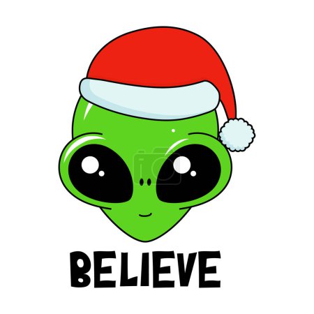 Believe - Nette grüne Cartoon-Alien. Handgeschriebenes Zitat, handgezeichnetes Doodle mit witzigem Charakter. Doodle Design und Schriftzug.